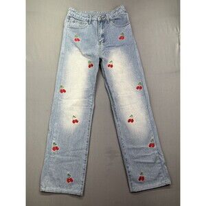 Romwe Cherry Embroidered Y2K Wide Leg Jeans | Women's‎ Size XS | US 2 |